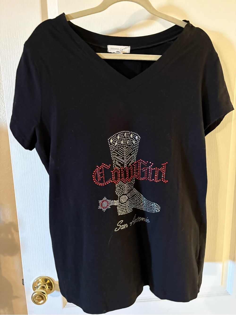 Signature Black V-Neck 'Cowgirl' Rhinestone Boot Tee